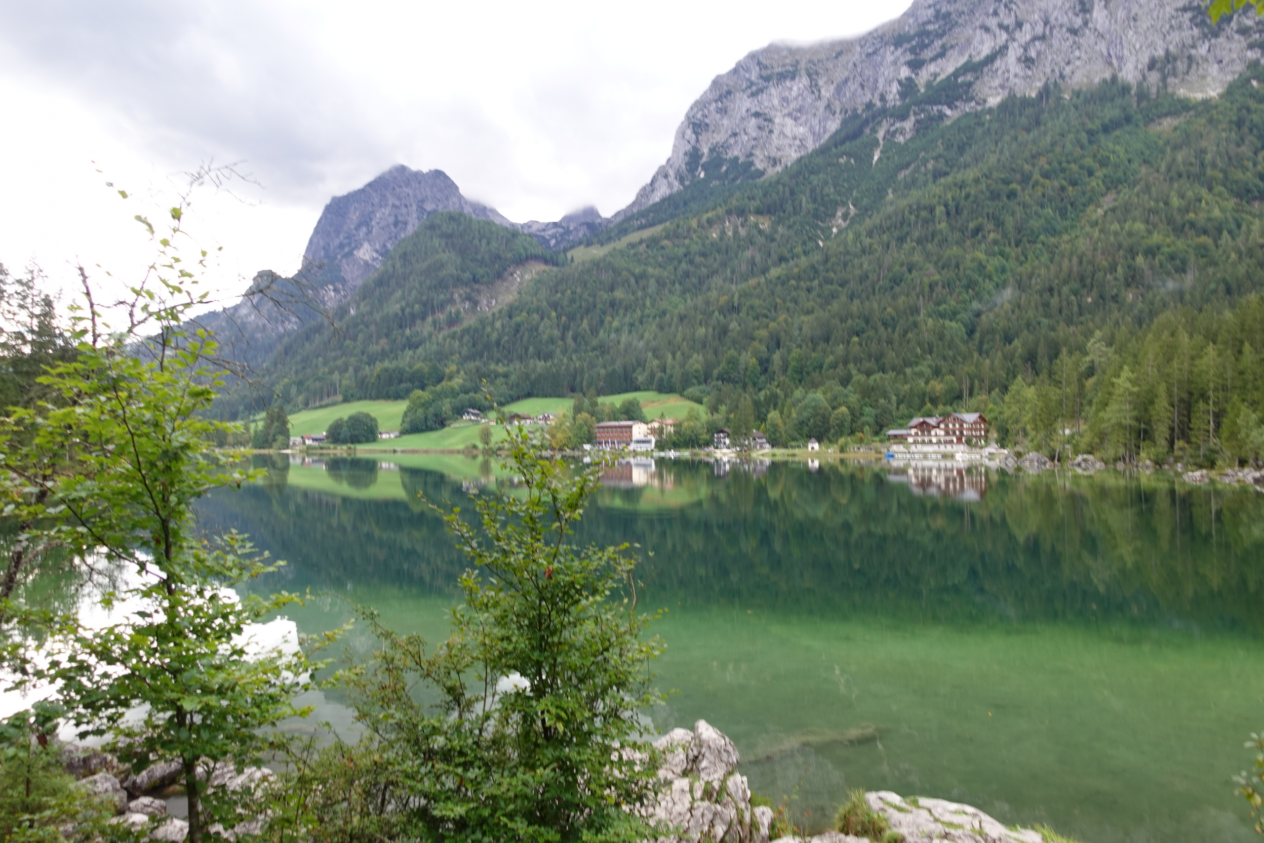 Panorama of Lake Hintersee in Ramsau, Bavaria, Germany. An unique mountain lake with pristine crystal clear water in the Bavarian Alps.